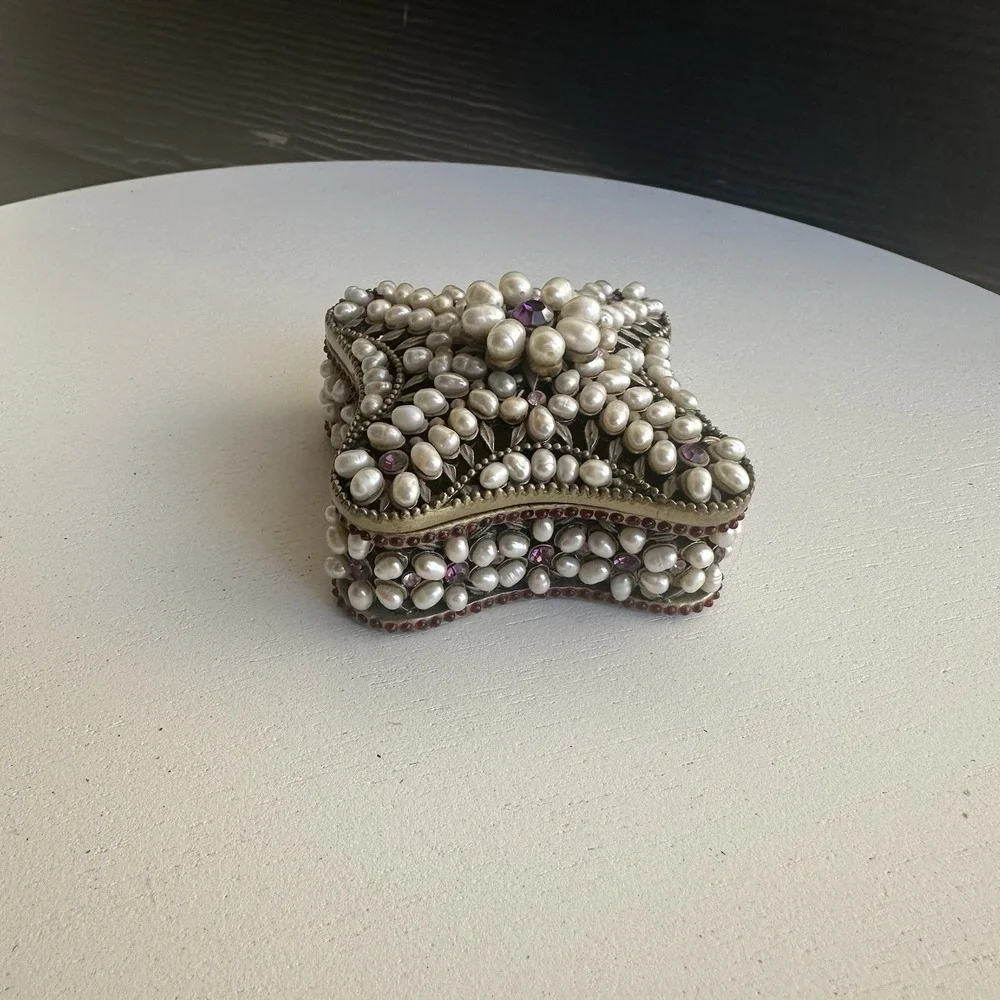 Vintage Pearl‎ & Rhinestone Encrusted Metal Trinket Box 2.5